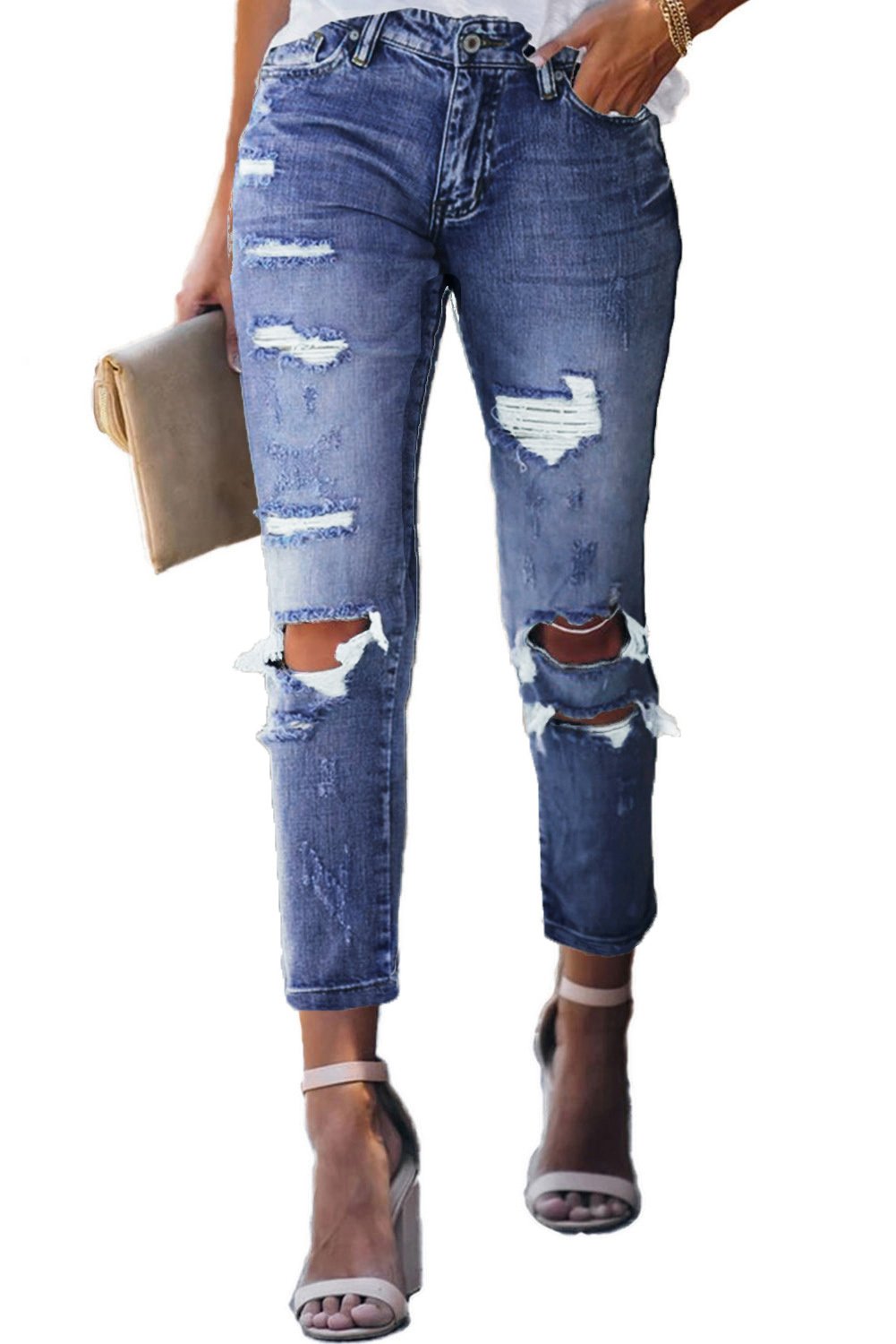 Fading Distressed Holes Crop Jeans