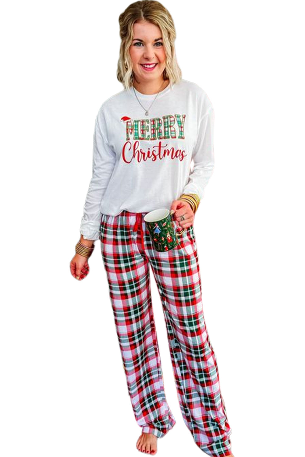 Multicolor Merry Christmas Plaid Print Two Piece Lounge Set