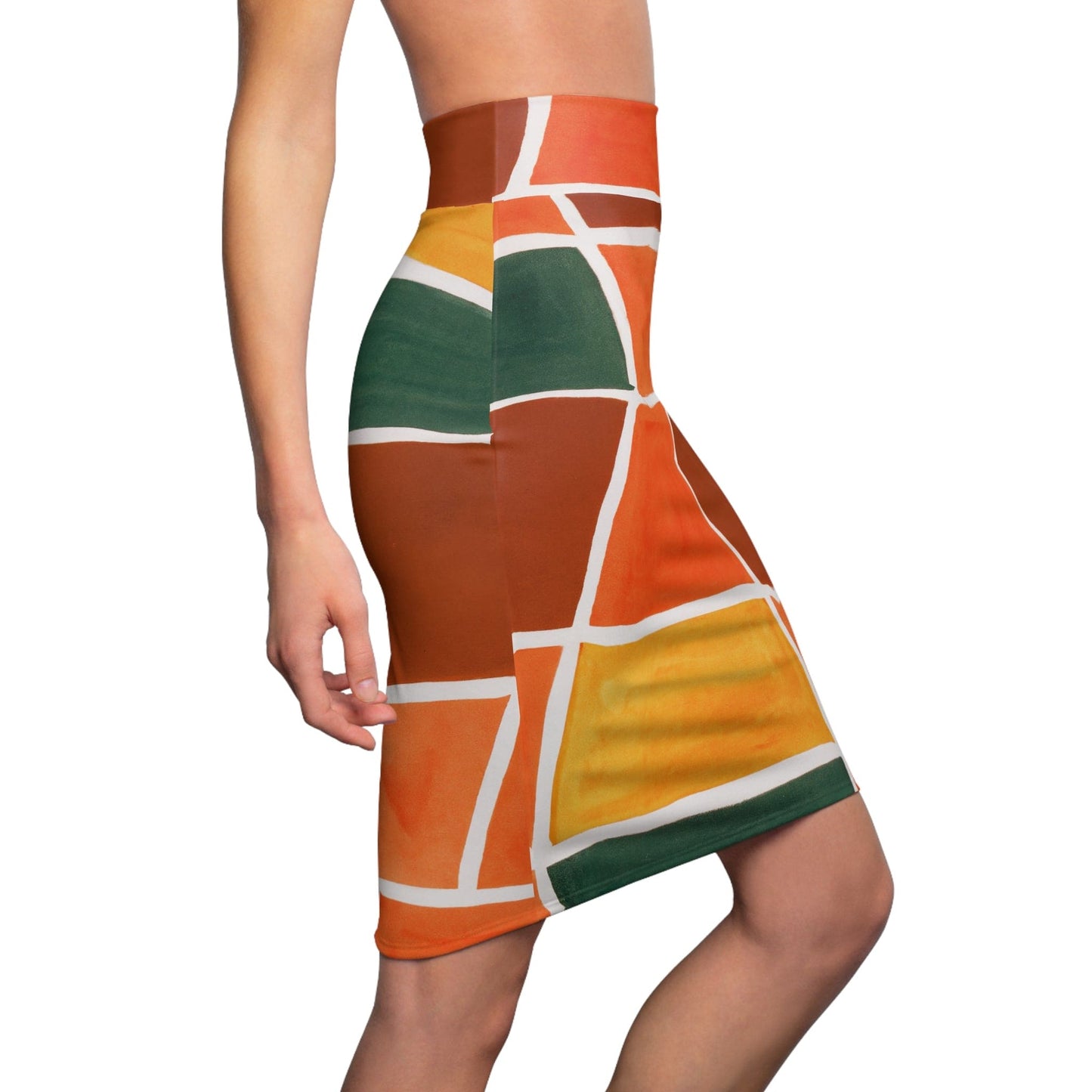 High Waist Womens Pencil Skirt - Contour Stretch - Orange Green Yellow