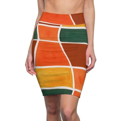 High Waist Womens Pencil Skirt - Contour Stretch - Orange Green Yellow