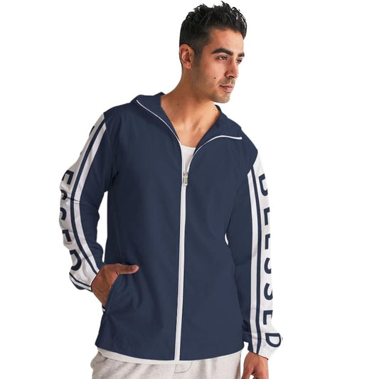 Mens Hooded Windbreaker - Blessed Sleeve Stripe Blue Water Resistant