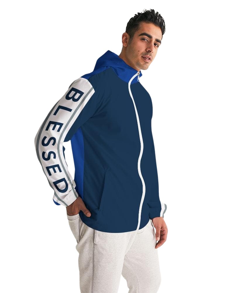 Mens Hooded Windbreaker - Blessed Sleeve Stripe Blue Water Resistant