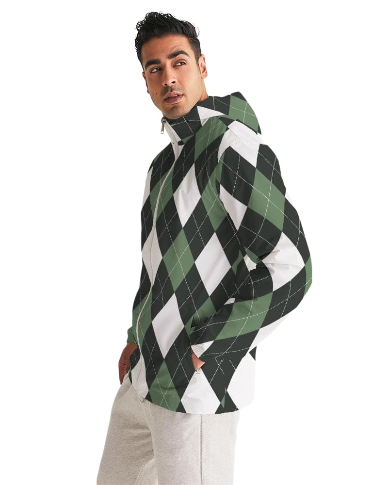 Mens Hooded Windbreaker, Green And White Plaid Tartan Pattern - Jjr60x