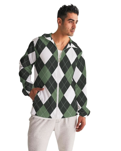 Mens Hooded Windbreaker, Green And White Plaid Tartan Pattern - Jjr60x