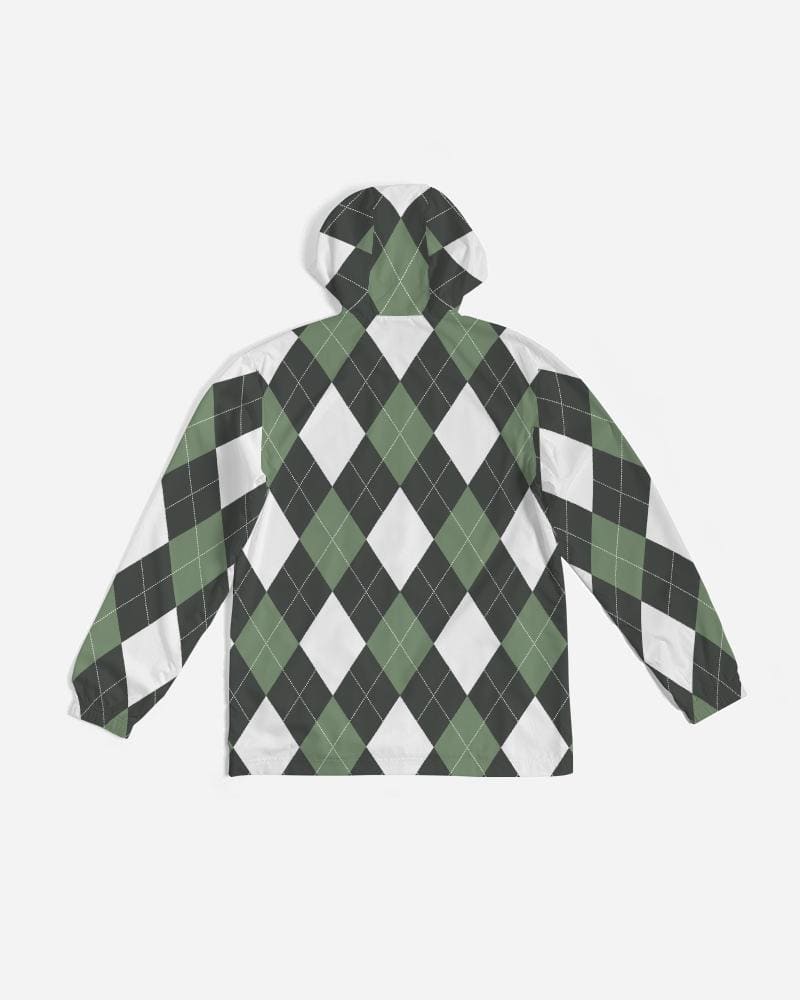 Mens Hooded Windbreaker, Green And White Plaid Tartan Pattern - Jjr60x