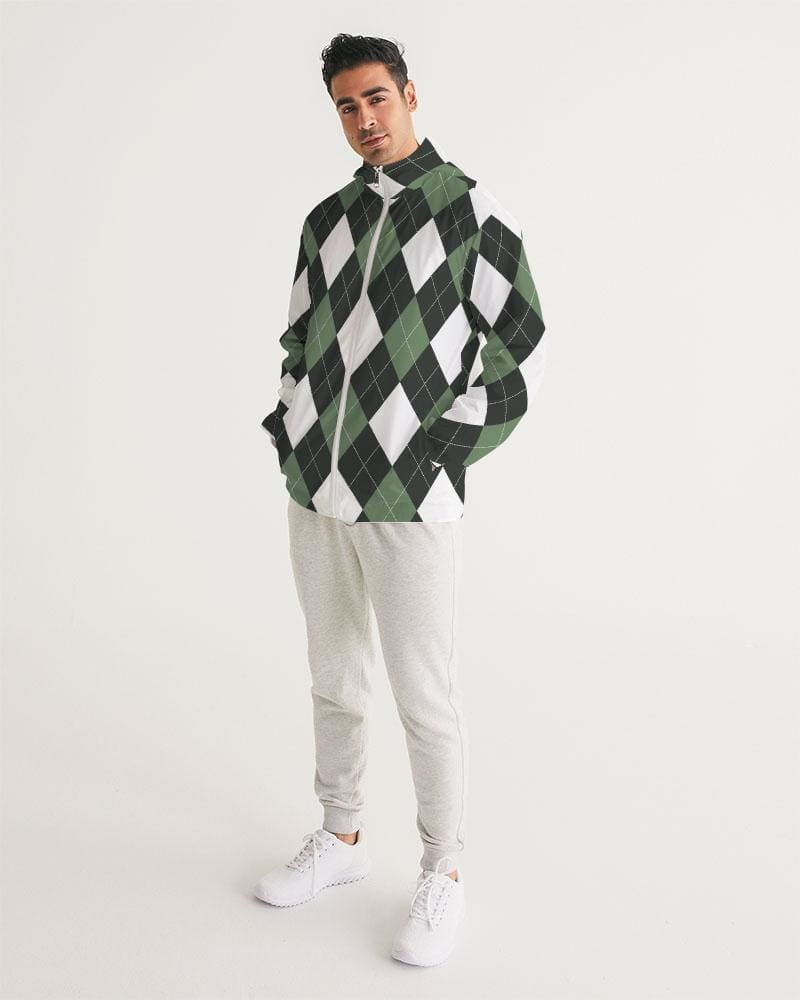 Mens Hooded Windbreaker, Green And White Plaid Tartan Pattern - Jjr60x