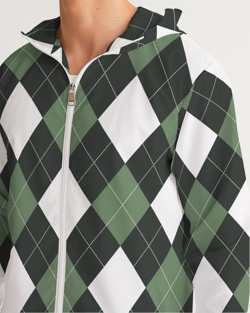 Mens Hooded Windbreaker, Green And White Plaid Tartan Pattern - Jjr60x