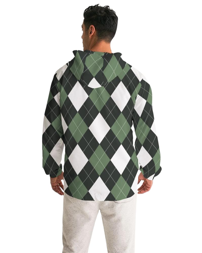 Mens Hooded Windbreaker, Green And White Plaid Tartan Pattern - Jjr60x