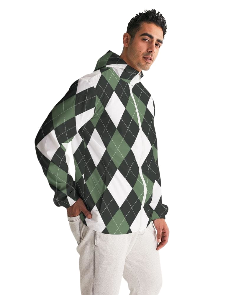 Mens Hooded Windbreaker, Green And White Plaid Tartan Pattern - Jjr60x