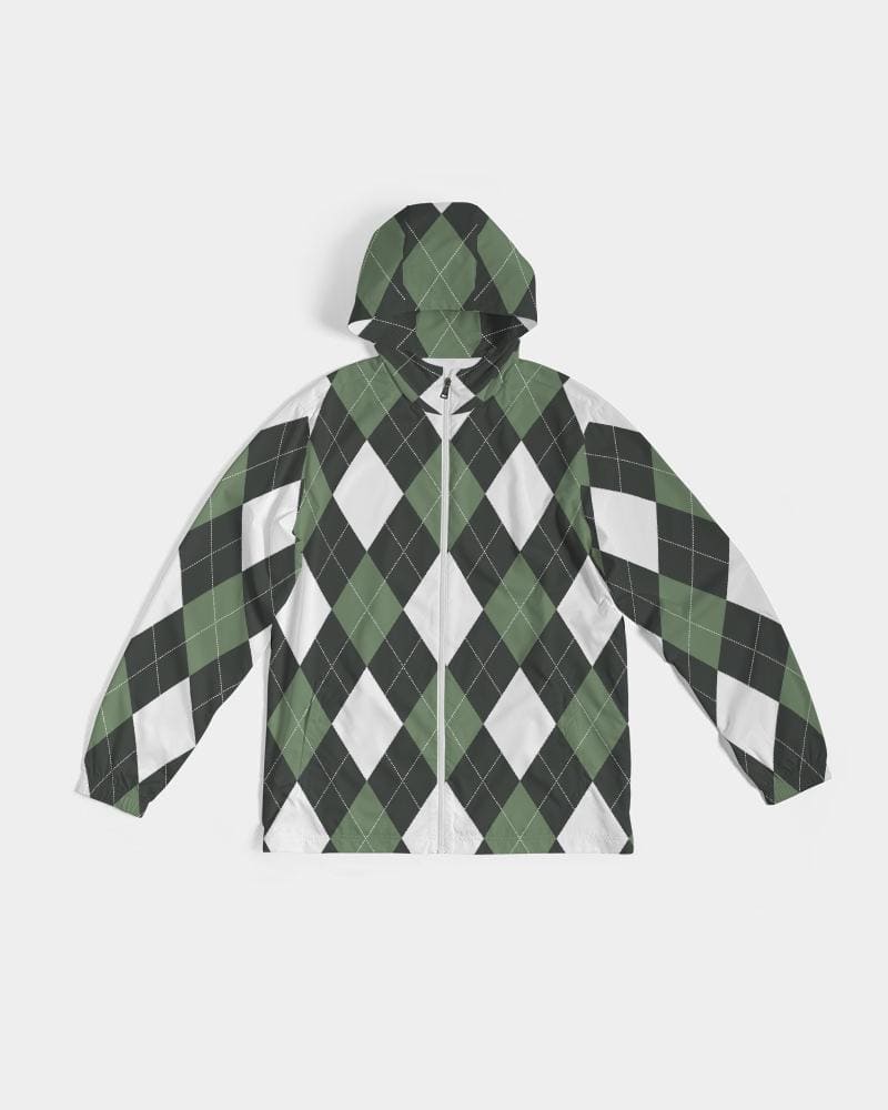 Mens Hooded Windbreaker, Green And White Plaid Tartan Pattern - Jjr60x