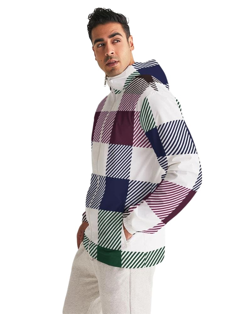 Mens Hooded Windbreaker, Multicolor Water Resistant Colorblock Plaid