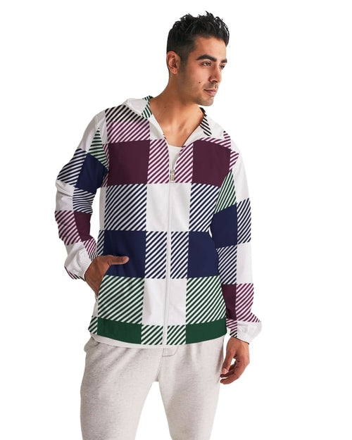 Mens Hooded Windbreaker, Multicolor Water Resistant Colorblock Plaid