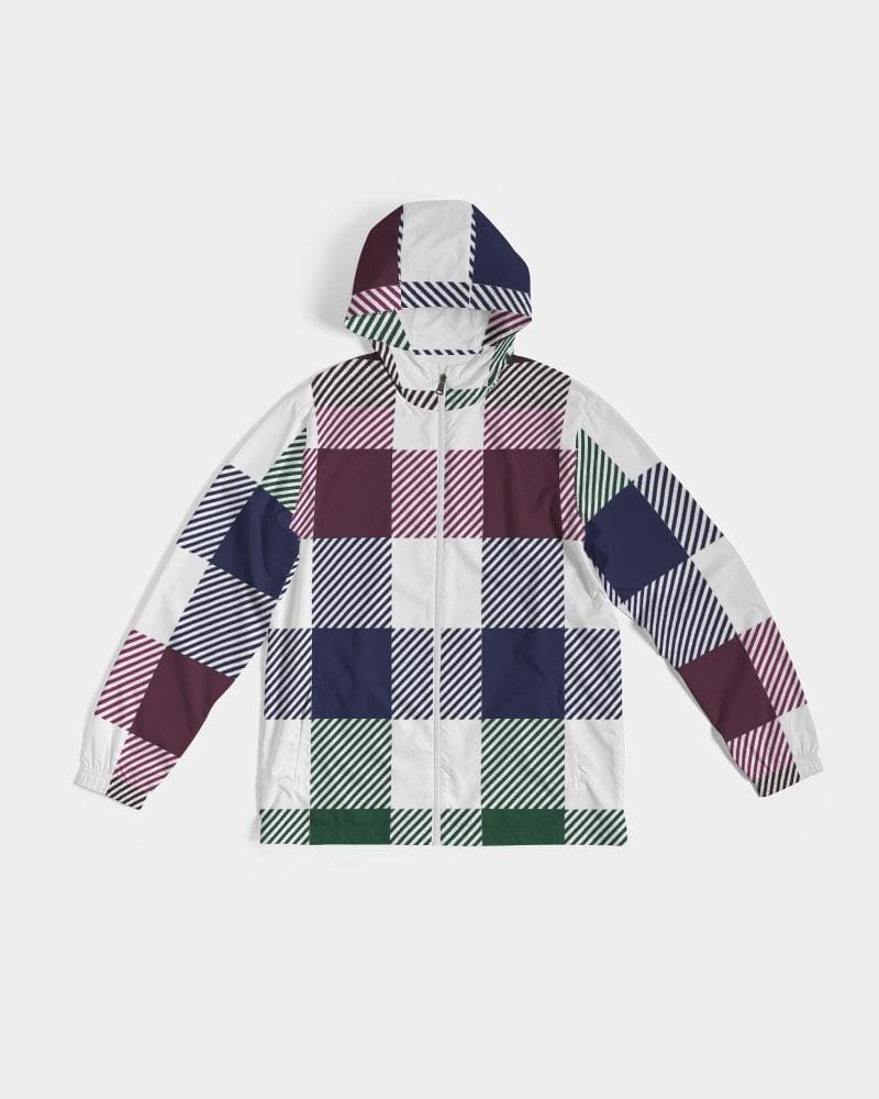 Mens Hooded Windbreaker, Multicolor Water Resistant Colorblock Plaid