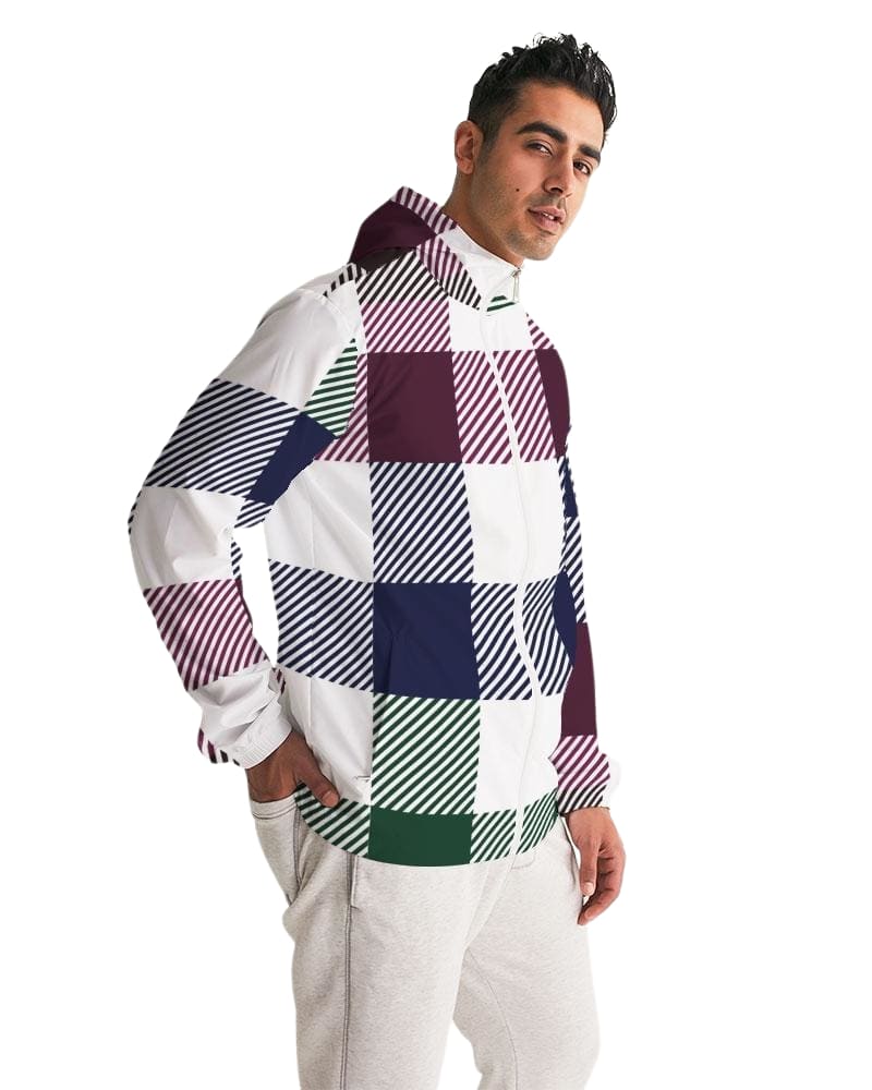 Mens Hooded Windbreaker, Multicolor Water Resistant Colorblock Plaid