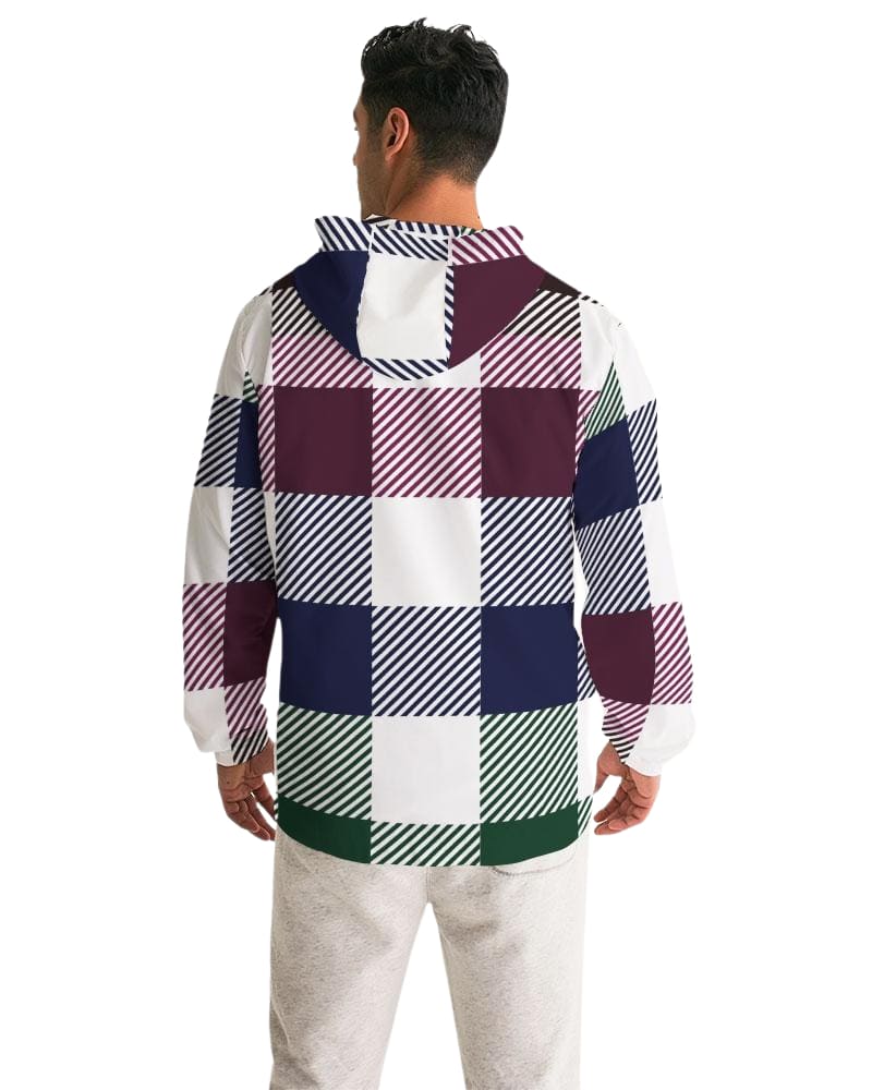 Mens Hooded Windbreaker, Multicolor Water Resistant Colorblock Plaid