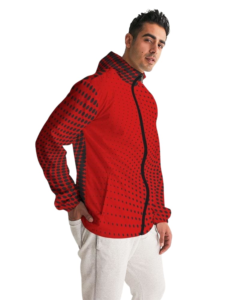 Mens Hooded Windbreaker, Red Polka Dot Water Resistant Jacket - Jjww0x