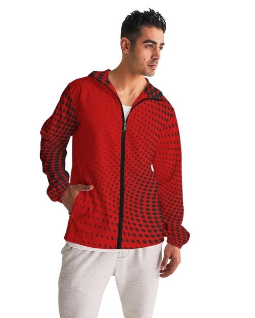 Mens Hooded Windbreaker, Red Polka Dot Water Resistant Jacket - Jjww0x