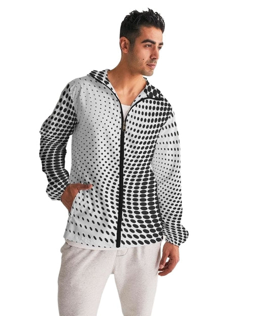 Mens Hooded Windbreaker - White Polka Dot Water Resistant Jacket