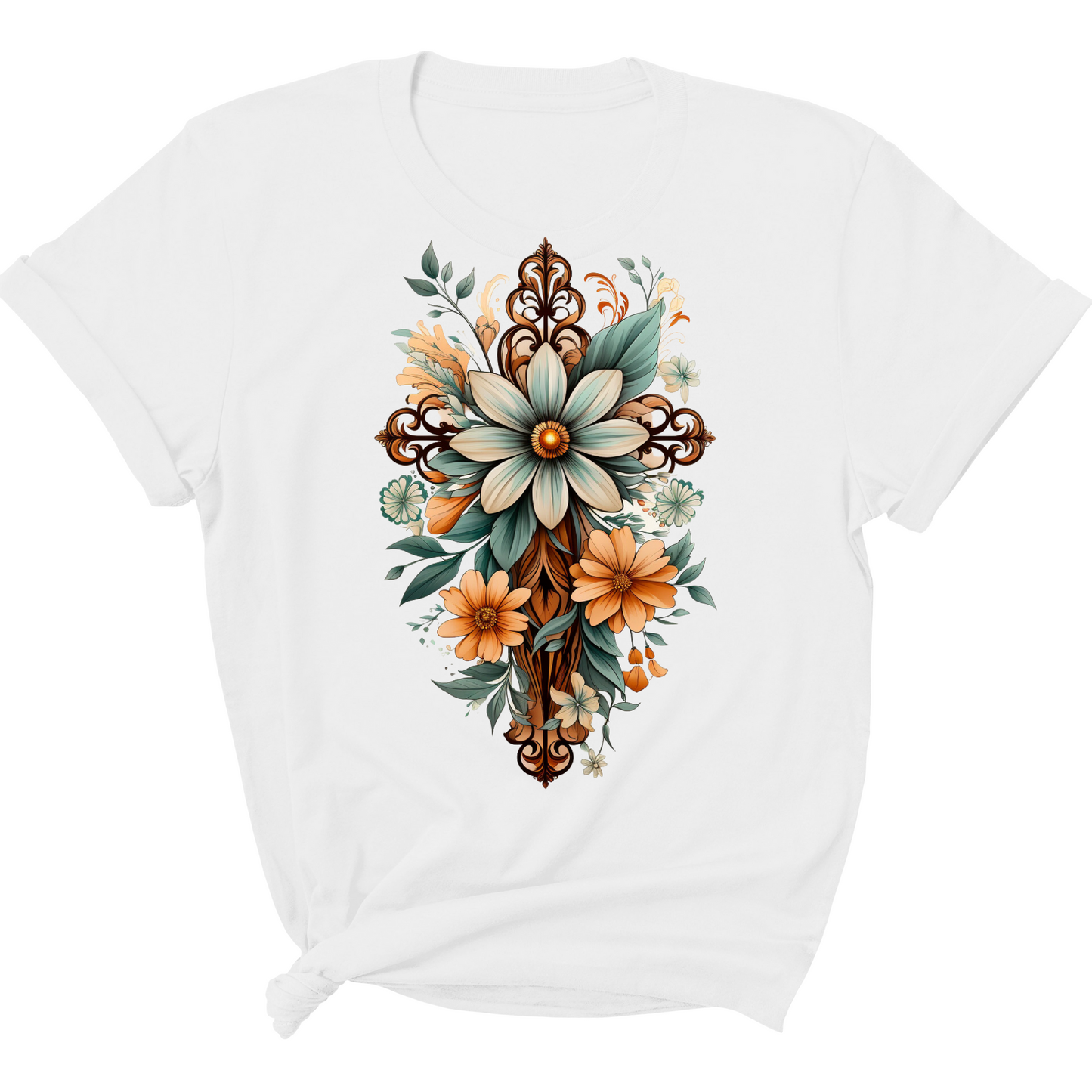 Womens Graphic T-shirt, Christian Cross Floral Bouquet Green And Brown