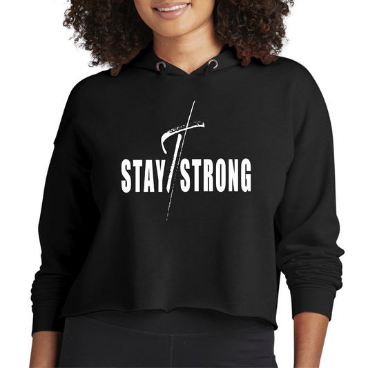 Womens Cropped Hoodie Stay Strong With Cross White Print