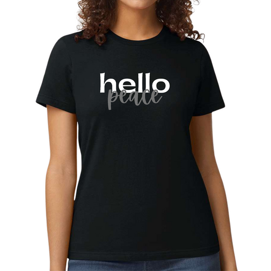 Womens Graphic T-shirt, Hello Peace White And Gray