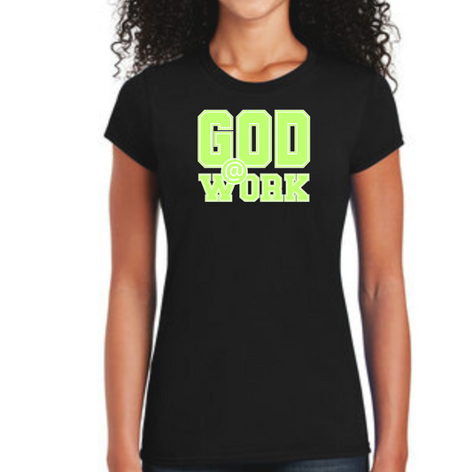 Womens Graphic T-shirt, God @ Work Neon Green And White Print