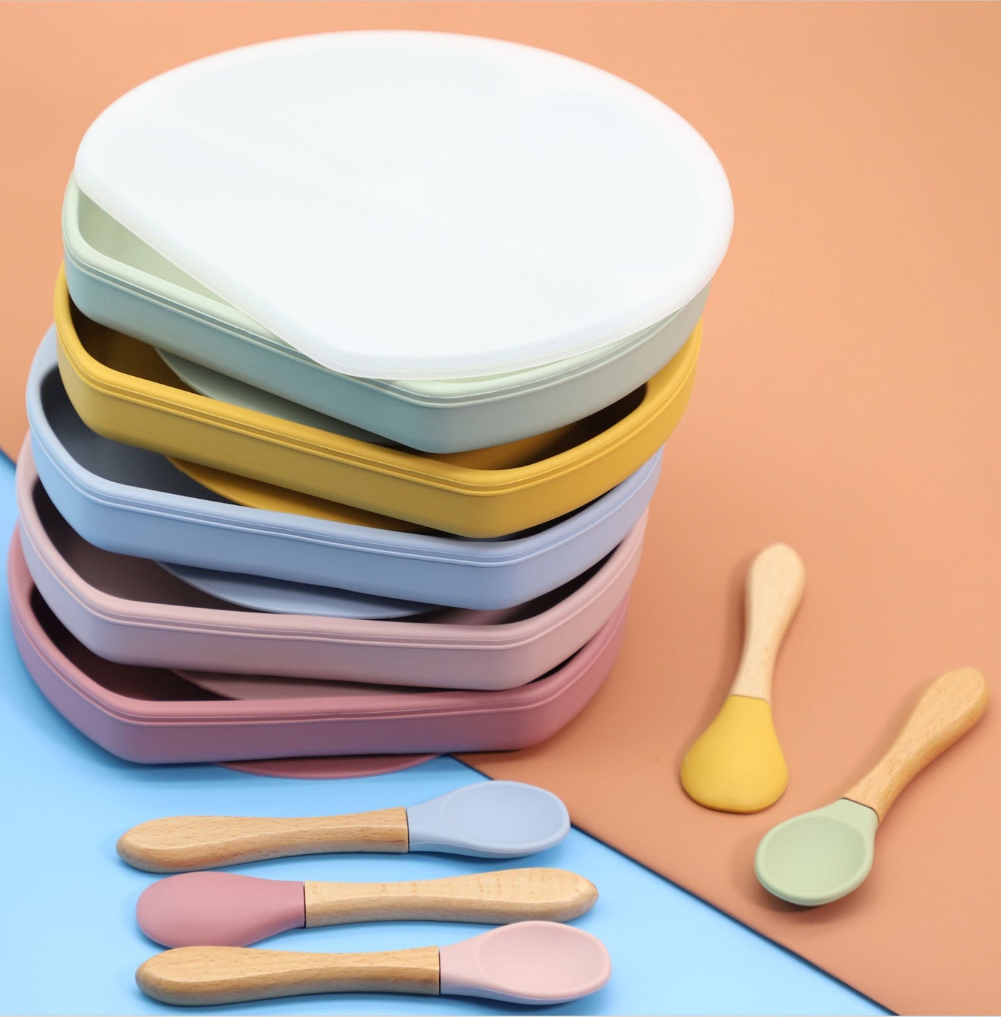 Baby Silicone Compartment Plate With Wooden Spoon