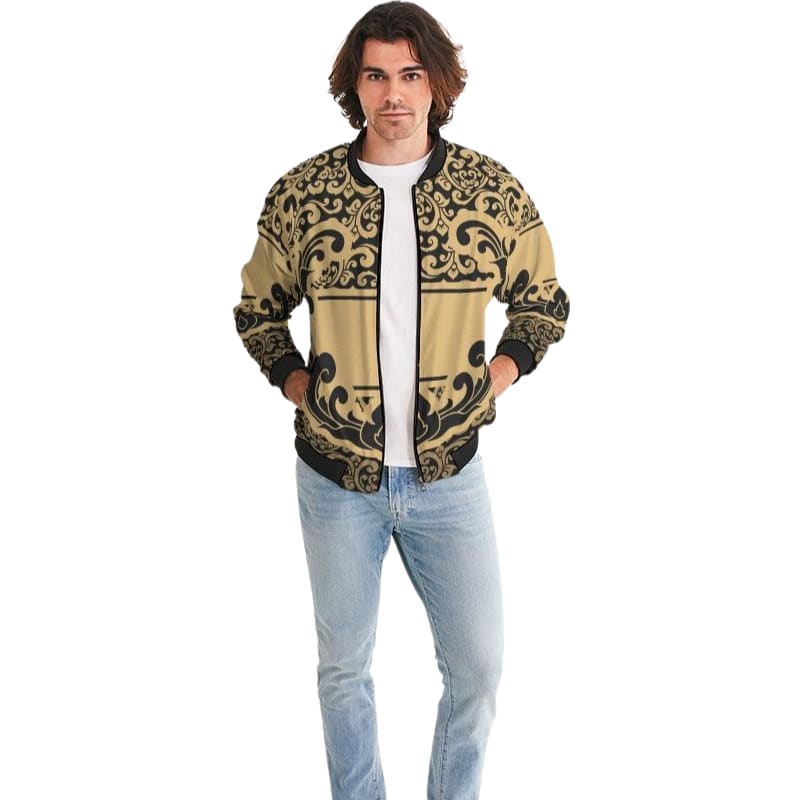 Bomber Jacket For Men, Black And Beige Vintage Pattern