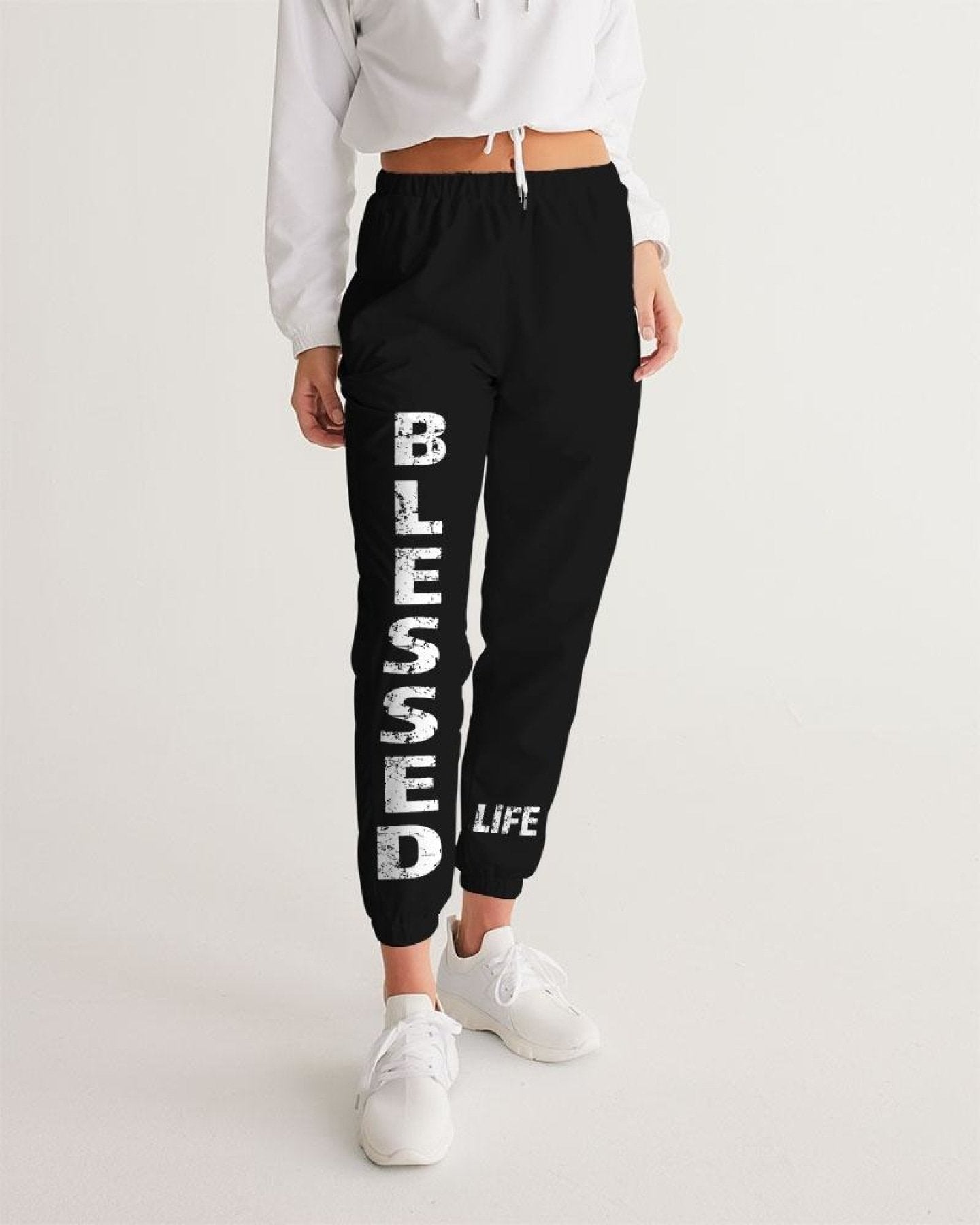 Womens Track Pants - Black & White Blessed Graphic Sports Pants