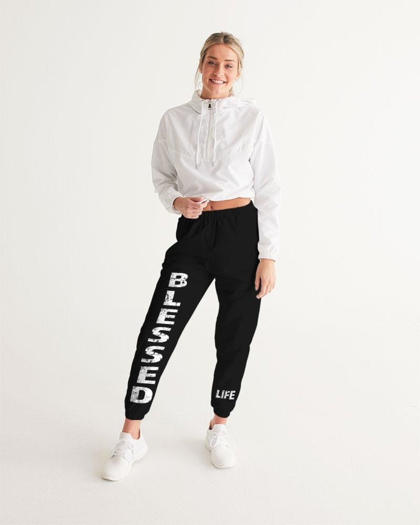 Womens Track Pants - Black & White Blessed Graphic Sports Pants