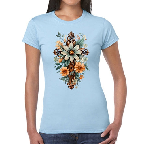 Womens Graphic T-shirt, Christian Cross Floral Bouquet Green And Brown