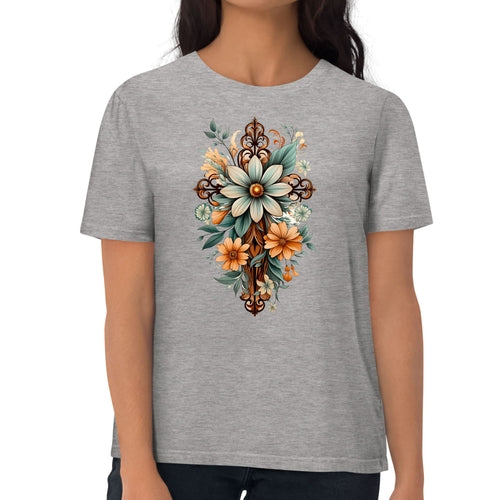 Womens Graphic T-shirt, Christian Cross Floral Bouquet Green And Brown