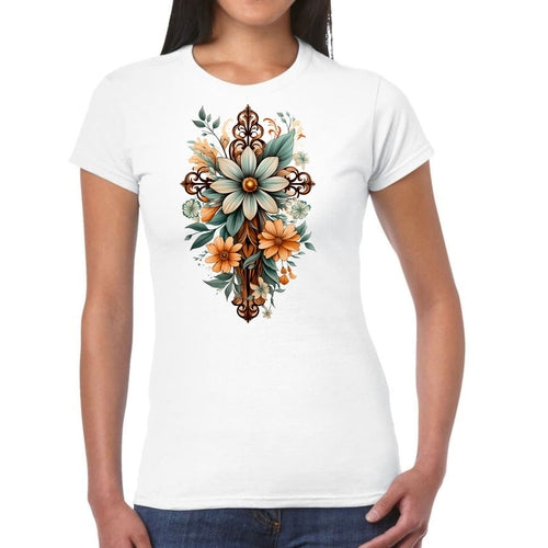 Womens Graphic T-shirt, Christian Cross Floral Bouquet Green And Brown