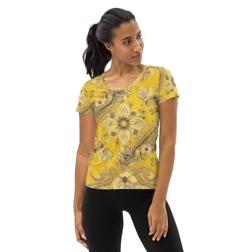 Womens Stretch Fit Athletic Sports T-shirt, Floral Yellow Bandanna