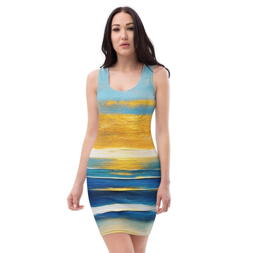 Womens Stretch Fit Bodycon Dress, Blue Ocean Golden Sunset Print 3